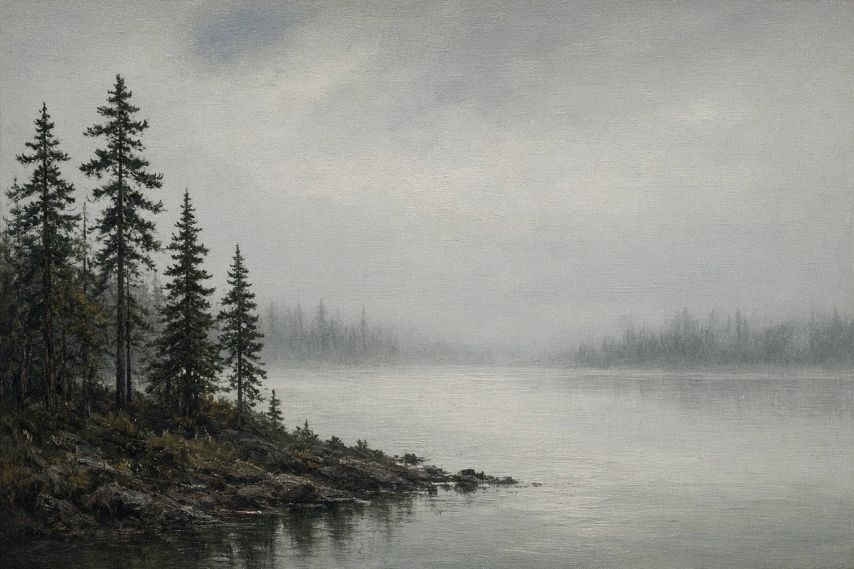 Stand-in painting of morning mist on a lake, pines along the near shore